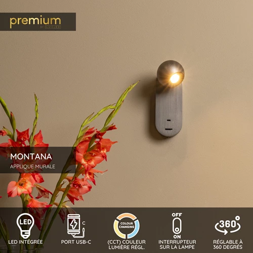 Lucide MONTANA - Applique murale - LED - CCT - 1x6,3W 2700K/4000K - Point de rechargement USB - Fer gris | Premium - USP